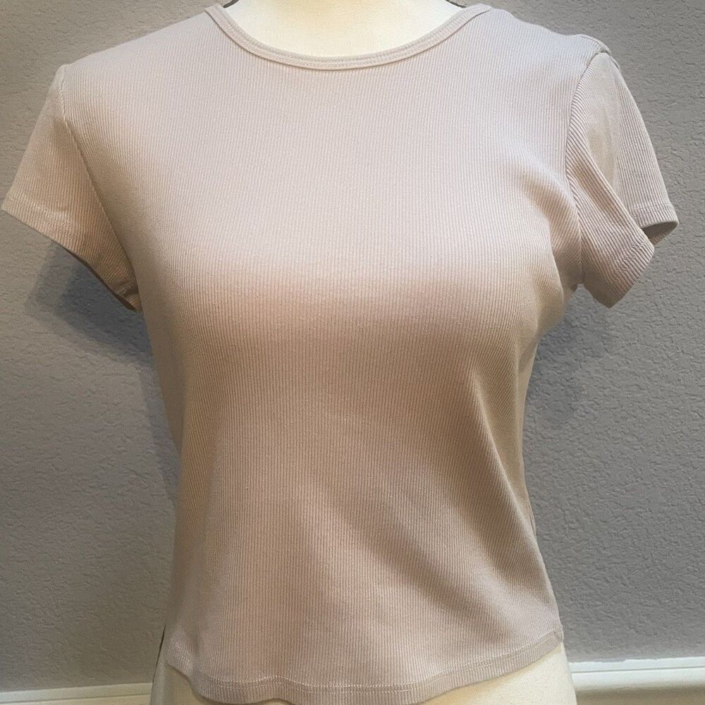 Reformation Muse Tan Ribbed Baby Tee L Minimalist Neutral Organic Cotton Crop